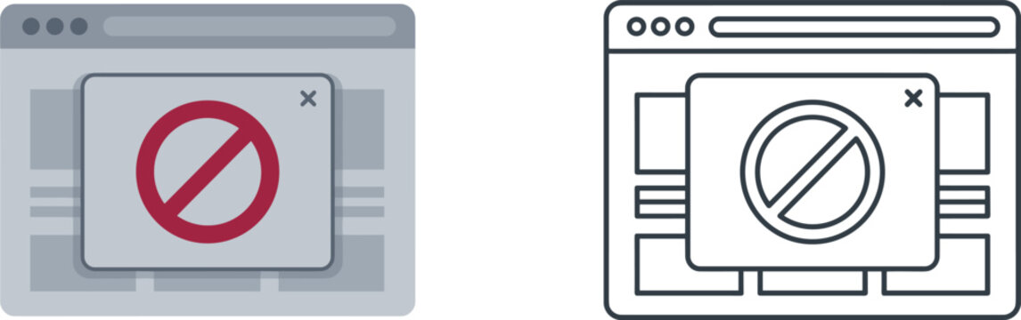 Website Error Alert and Blocked Access Vector Icon Set with Red Prohibited Sign over Browser Pop Up Window for Cybersecurity and Network Interface Designs
