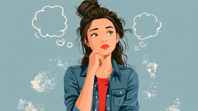 A young woman with dark hair tied back in a bun, wearing a denim jacket and red shirt, standing in front of a blue background with white clouds and a light blue sky.