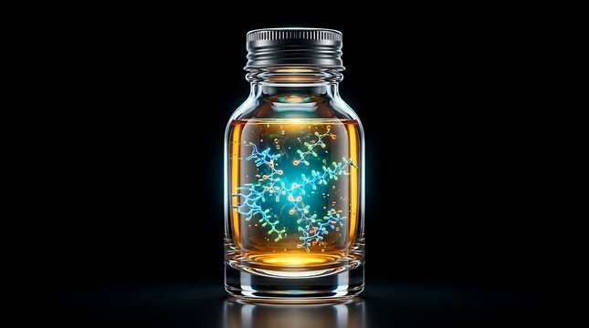 A glowing glass jar containing a vibrant blue molecular structure on a dark reflective surface
