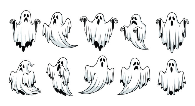 Spooky white cartoon ghosts displaying various scary and funny flying movements isolated on a clean white background.