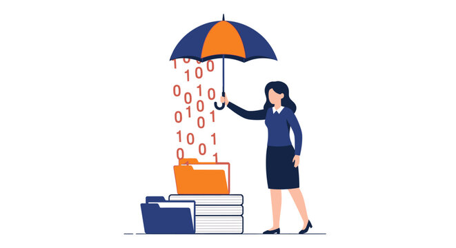 Data Protection and Cybersecurity Concept: Businesswoman Holding Umbrella Protecting Binary Code and Digital Folders for Information Privacy and Security