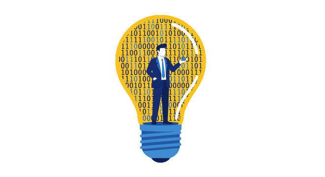 Businessman Standing in Lightbulb with Binary Code Representing Digital Innovation, Creative Technology Idea, and Big Data Solutions Vector Illustration