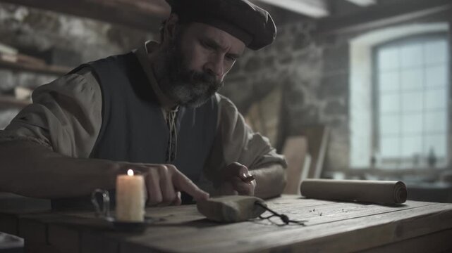 Medieval craftsman sharpening a knife on a whetstone for whittling wood next to a burning candle inside a workshop