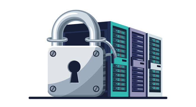 Cybersecurity Concept Illustration Featuring a Large Metal Padlock Protecting Server Racks in a Data Center on White Background