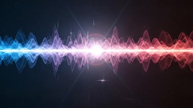 Blue and red abstract digital audio sound wave pulsating with central lens flare on black background.