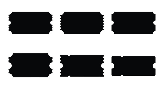 Six black ticket silhouettes with notched edges on a white background silhouette