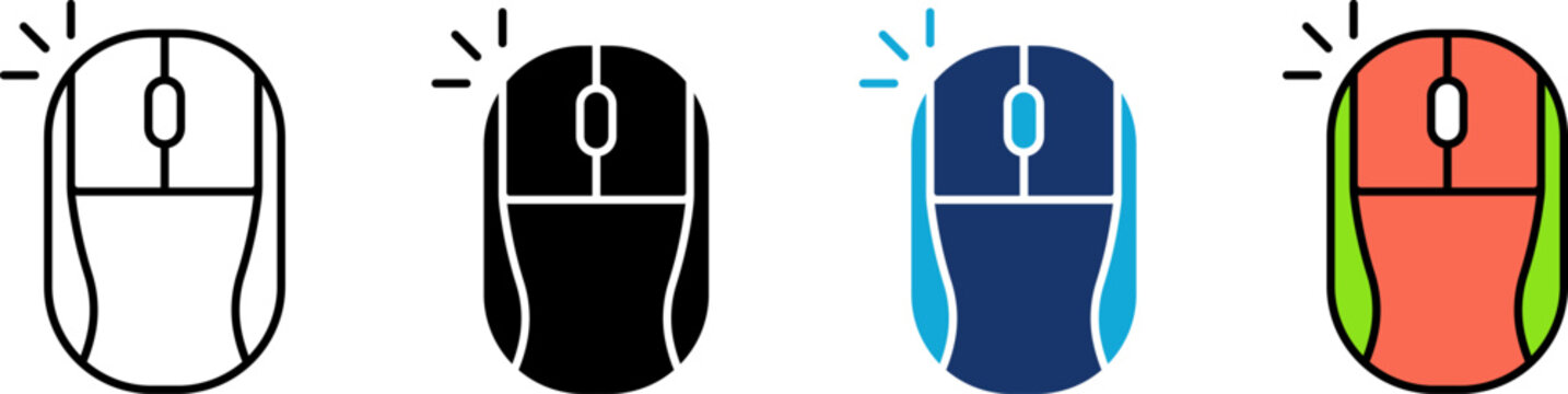 Computer mouse icon set showing professional left click action macro scroll wheel hardware for desktop pc peripheral navigation web browsing and user interface control management