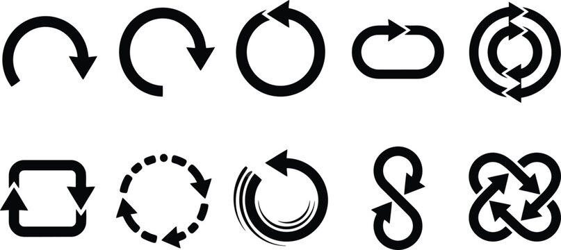 Black Circular and Geometric Refresh Arrow Icons Vector Set for Interface Design, Navigation Menus & Web Development (EPS)