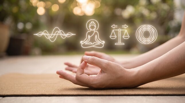 Mindful Holistic Wellness Management: Mudra Meditation Hand Position, Spiritual Energy Balance Charts, and Mental Health Self Care Breathing Exercises using Glowing Minimalist Flat Graphics