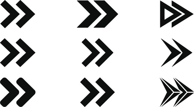 Black Double Arrow Directional Icons Set Vector for Interface Navigation, Web Design & Digital Media Layouts (EPS)