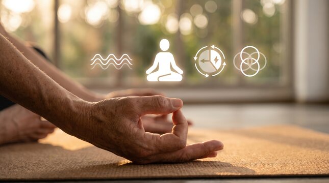 Mindful Holistic Wellness Management: Mudra Meditation Hand Position, Spiritual Energy Balance Charts, and Mental Health Self Care Breathing Exercises using Glowing Minimalist Flat Graphics