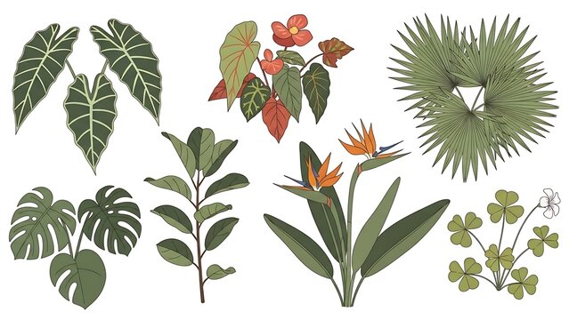 Various tropical leaves and flowers on display in a lush setting