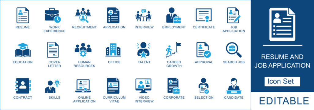 Resume and job application  icon set. Featuring recruitment, human resources, curriculum vitae, employment and interview. Vector icons for career guides, hr flyers and job portals.