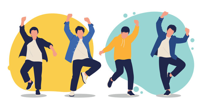 Four happy young men in casual clothing dancing with joy against abstract yellow and blue background circles.
