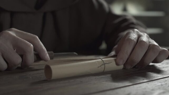 Hands of a monastic scribe with a penknife cutting a linen string tied around a parchment scroll on a rough wooden table, inside a dark scriptorium