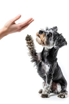 An adorable miniature schnauzer dog gives its paw to a human hand during training on a clean white vector background.