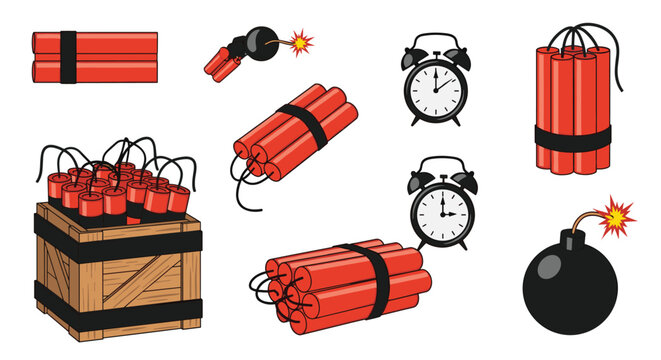 Dynamite explosives collection featuring red TNT sticks, alarm clocks, wooden crates, and round black bombs.