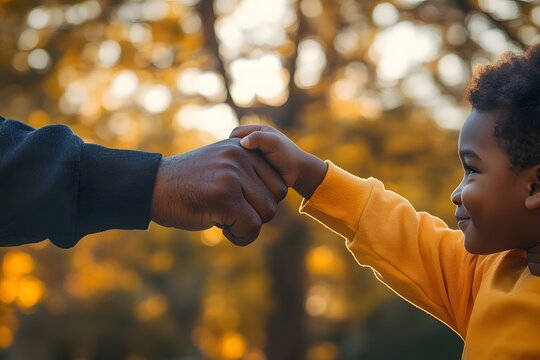 Close-up of an adult's fist bumping a child's small fist, symbolizing connection and support, with a warm autumn bokeh background, a vector of intergenerational bond.