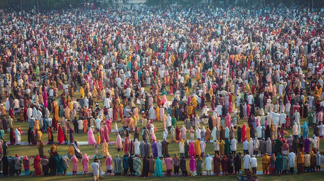 Large crowd of people in colorful clothing gathered multicolored vibrant diverse