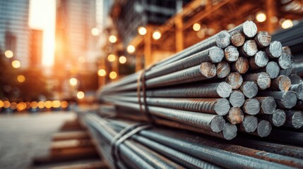 Obraz premium Bundles of Steel Rebar Rods Stacked on Construction Site Ground with Blurred Background