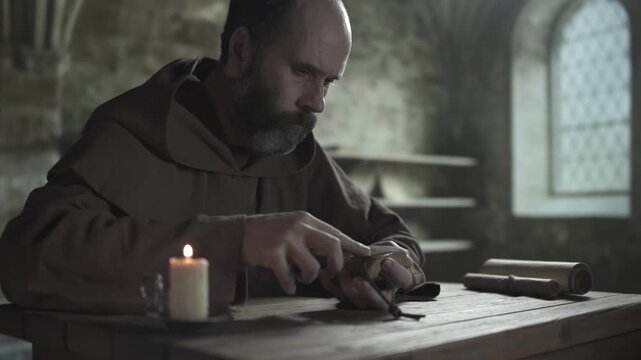 Medieval monk in a brown habit sharpening a penknife blade on the wet surface of a whetstone with a leather cord next to a burning candle, inside a dark scriptorium, medium shot