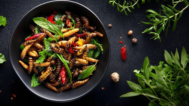 Stir fried silkworm larvae with chili and fresh herbs in black bowl, savory street food rich in texture and aroma