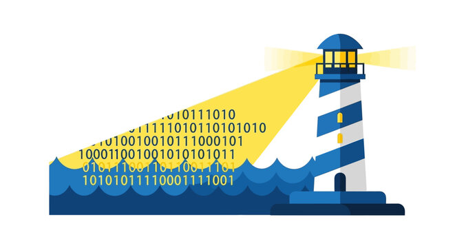 Lighthouse Shining Binary Code Beam over the Ocean, Concept of Digital Data Navigation, Cyber Security, and Big Data Analytics Vector Illustration