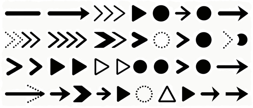 Set of diverse geometric arrow symbols and navigational UI design elements featuring various arrowhead shapes and minimalist circular icons in black