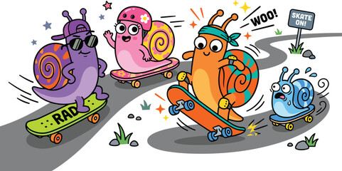 Funny Cartoon Snail Character Set Riding Skateboard with Cool Sunglasses and Helmet for Kids Sport Vector Illustration Design