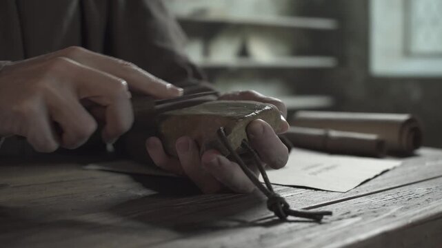Hands of a monastic scribe sharpening a penknife blade along the wet surface of a grindstone on a rough wooden table, inside a dark scriptorium
