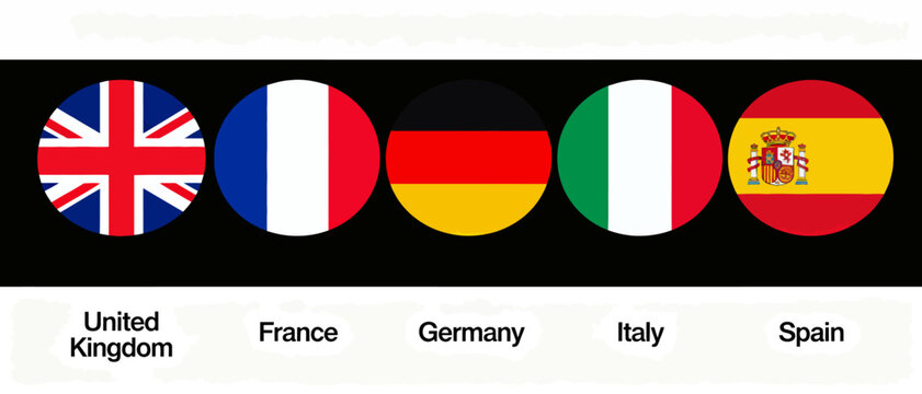 Set of circular European national flag buttons with country names representing major Western nations for international communication and travel design