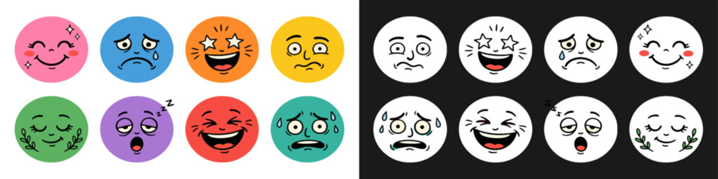 Collection of expressive cartoon faces conveying various emotions and moods