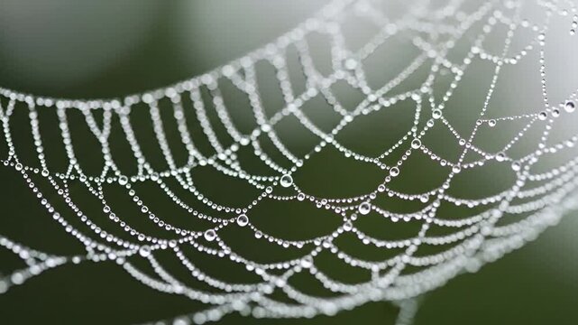 Macro spider web with morning dew drops on silk threads in nature.