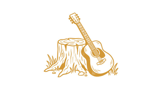 Acoustic guitar leaning against a tree stump vector illustration