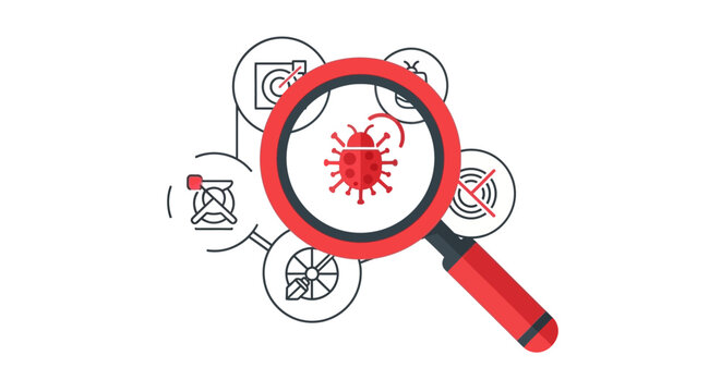 Magnifying glass over a red bug icon representing software debugging, cybersecurity vulnerability scan, and quality assurance testing in flat vector style.