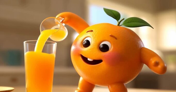 Cute orange character pours juice into glass with ice cubes for refreshment.