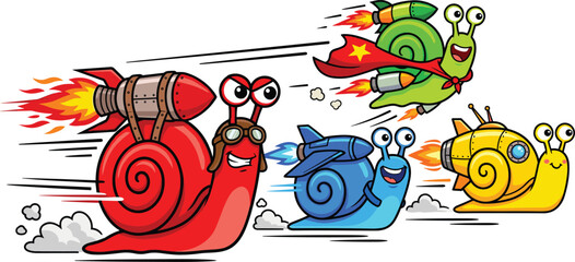 Funny Fast Snail Character Set with Rocket Booster, Jetpack, and Cape Flying Speed Race Cartoon Vector Illustration Design © MstJuli
