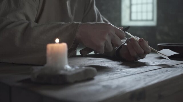 Close up of medieval prisoner hands sharpening a quill pen with a penknife on a wooden table near a burning candle inside a gloomy jail cell