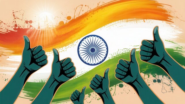 Patriotic concept of thumbs up hands over Indian flag artistic background