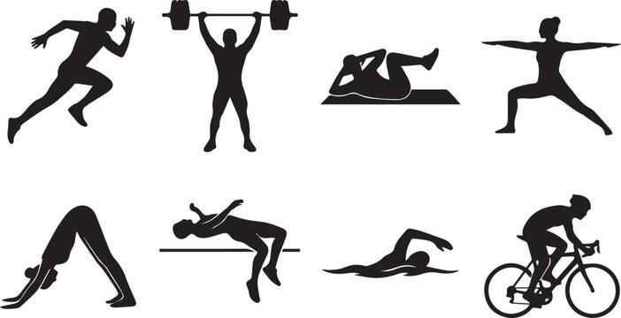 Sports and fitness silhouettes icon set including running, weightlifting, yoga, cycling, swimming, high jump, and crunches.