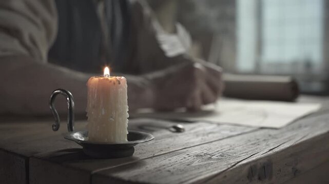 Close up of a burning candle on a wooden table, craftsman hands extinguishing the flame with a snuffer next to a flying machine blueprint inside a workshop
