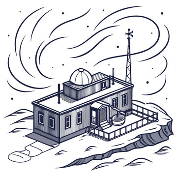 A research station on a rocky cliff with a dome roof and communication tower during a windy snowstorm with swirling patterns in the sky