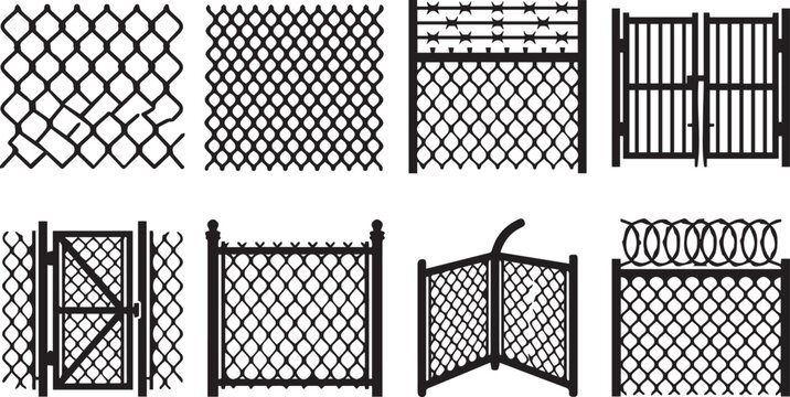 Metal chain link fence and gate silhouette icon set including barbed wire, razor wire, and mesh barriers.