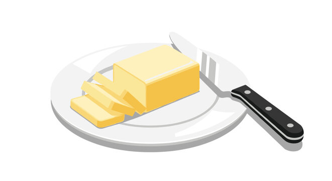 Rectangular block of yellow butter sits on a white ceramic plate with a few thin slices and a black handled butter knife for a fresh breakfast.
