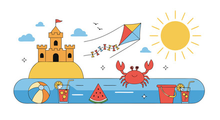 Obraz premium Summer beach vacation elements featuring sandcastle cute red crab fresh watermelon slice and cocktails under warm sun.