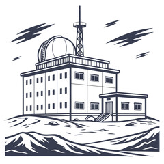 A black and white of a scientific research station with a dome roof and a tall antenna, situated on a snowy, mountainous terrain © shahin10