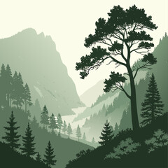 A scenic landscape featuring a deep valley with tall coniferous trees, misty mountains in the background, and a large pine tree © shahin10