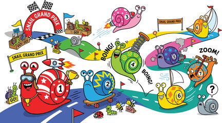 Naklejka premium Funny Snail Grand Prix Race Scene with Rocket, Trophy, Finish Line, and Colorful Racer Character for Kids Cartoon Vector Illustration