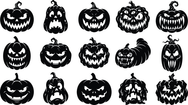 Set of fifteen spooky pumpkin jack o lantern faces with scary expressions for halloween party