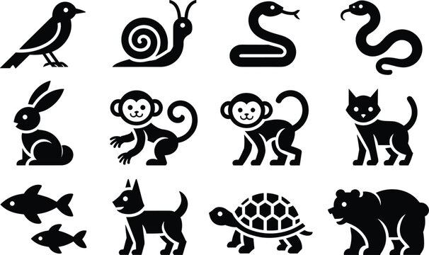 Animal icons vector collection featuring black silhouette symbols of wildlife pets reptiles birds and marine life isolated elements